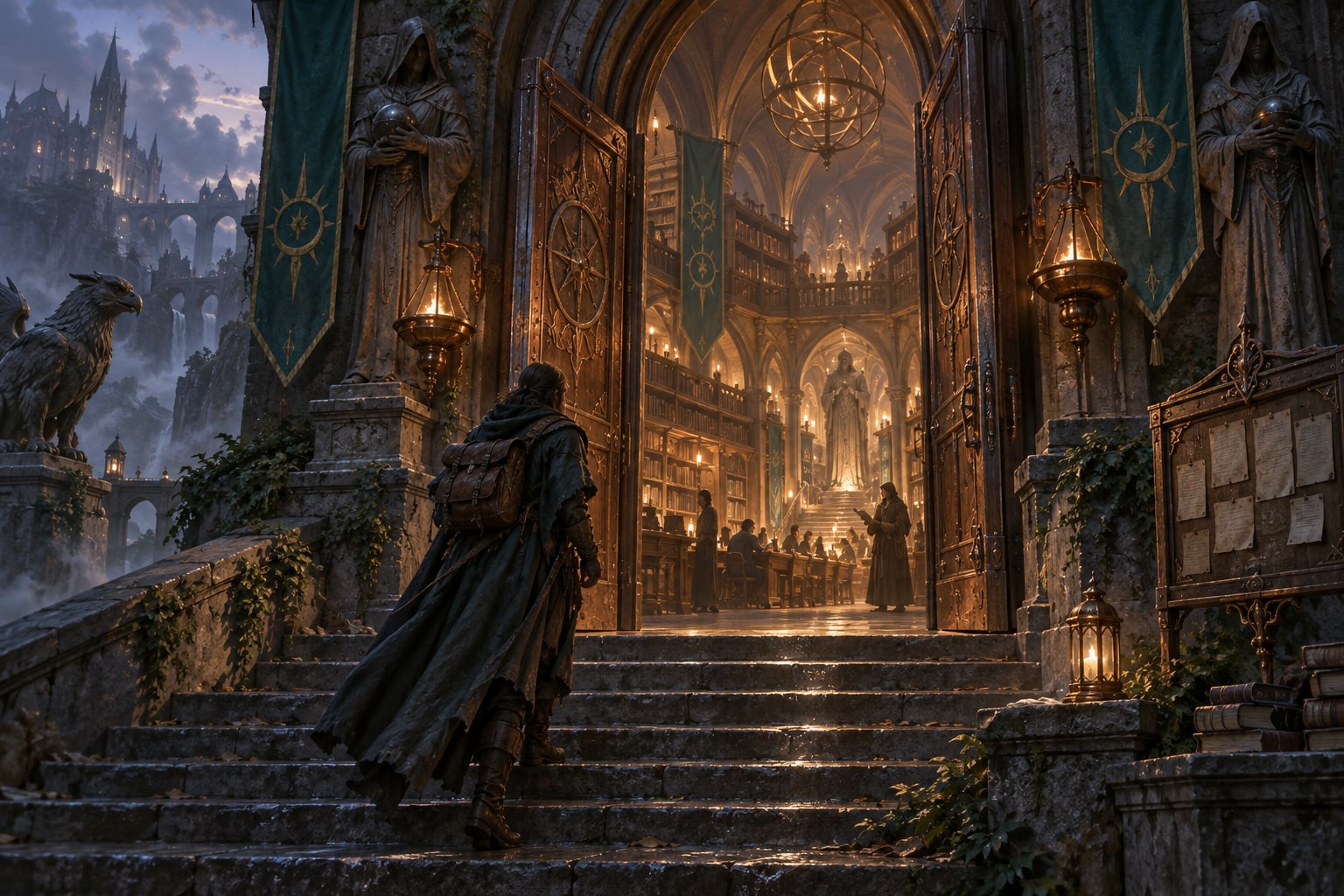An open copper-trimmed doorway welcomes a traveler into a warm archive and guild hall.