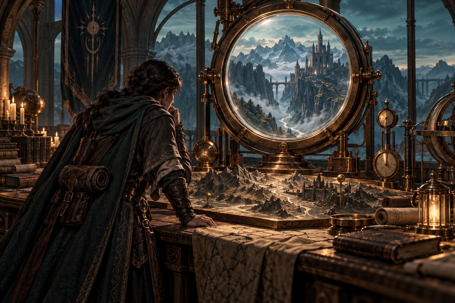 A traveler studies a mountain pass through a copper-framed magical lens above a relief map.