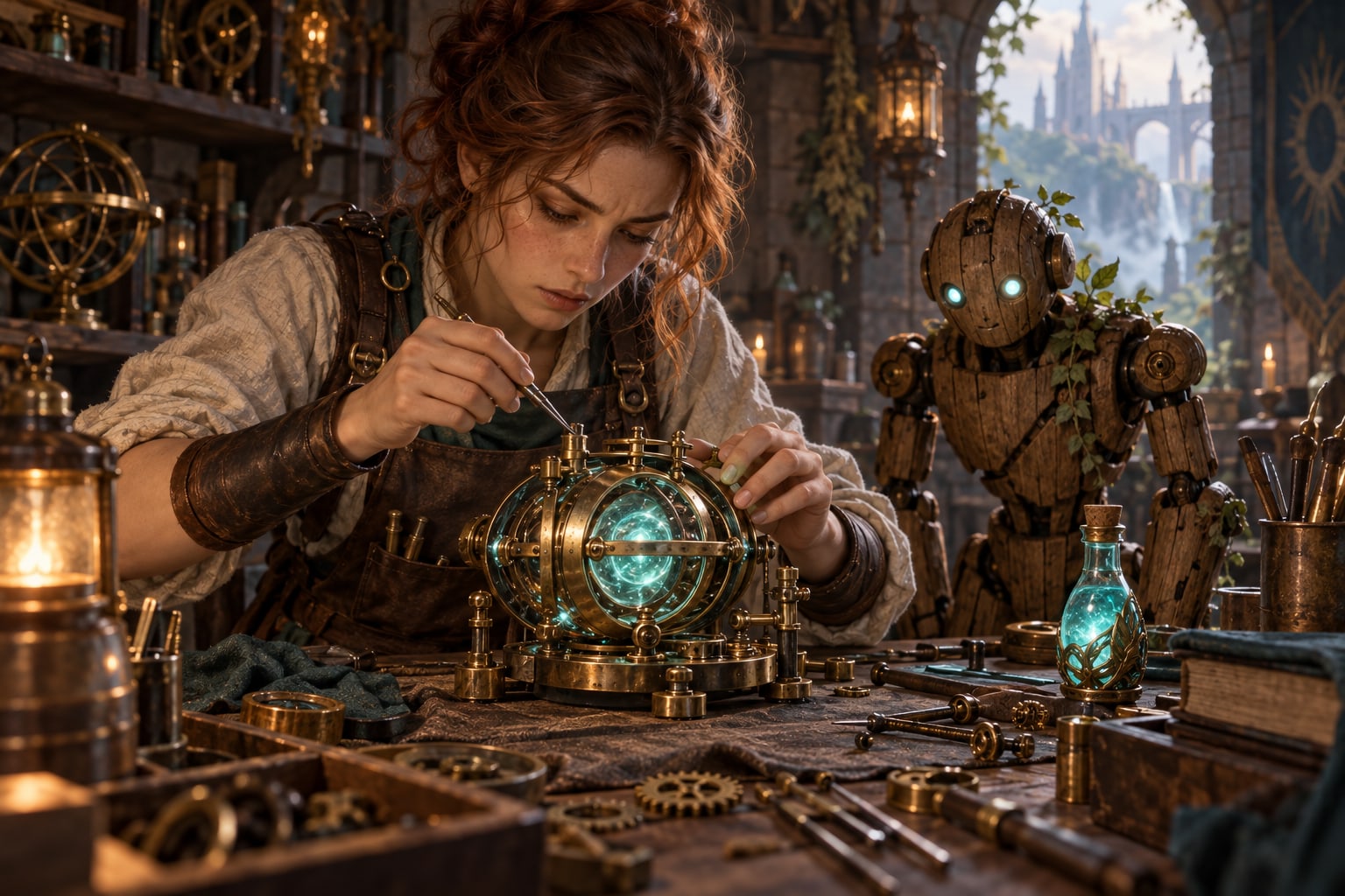 An artificer adjusts a brass magical device beside a glowing potion while a wooden golem waits behind the bench.