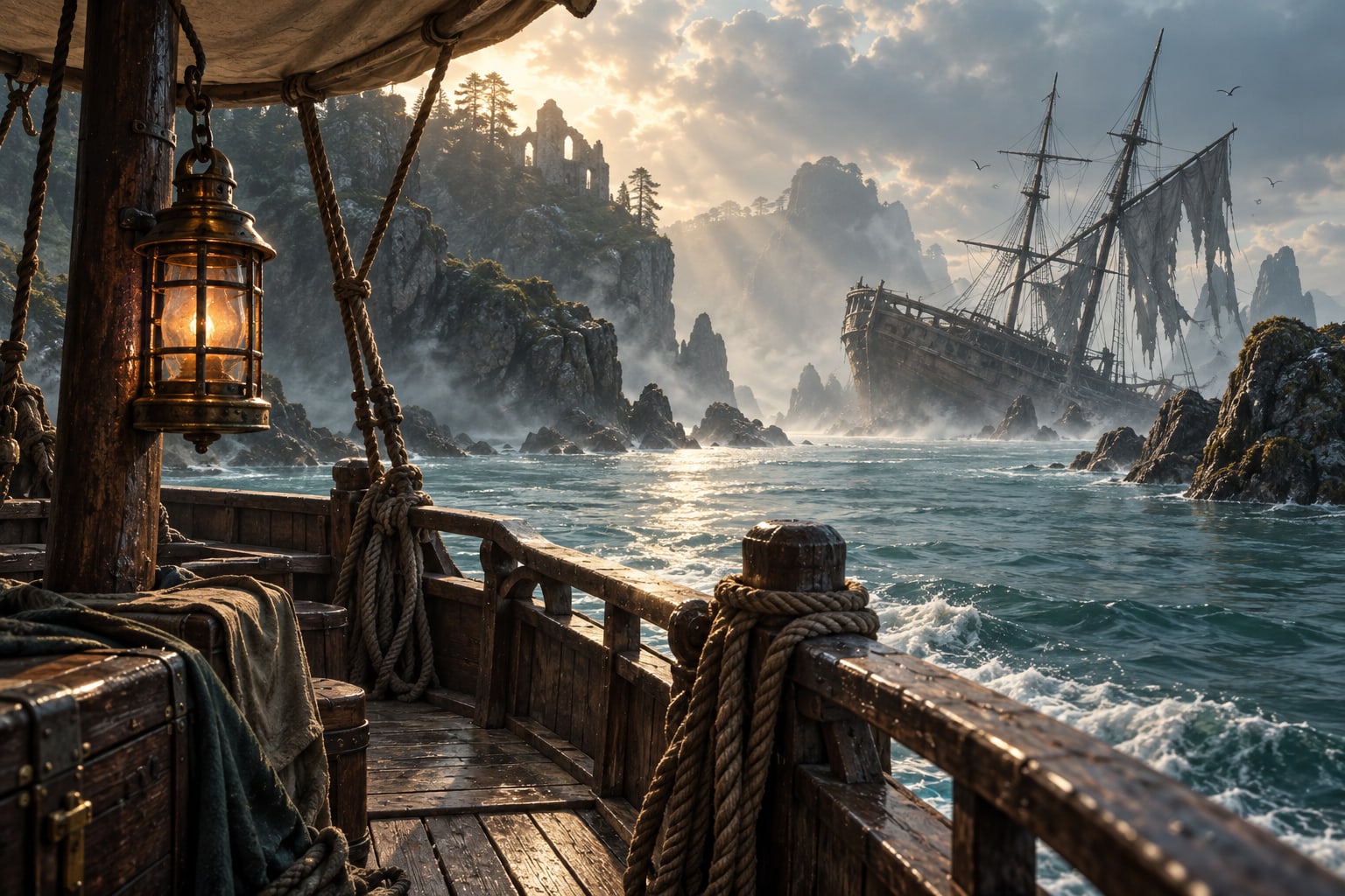 A view from a wooden ferry toward a derelict sailing ship among misty coastal rocks.