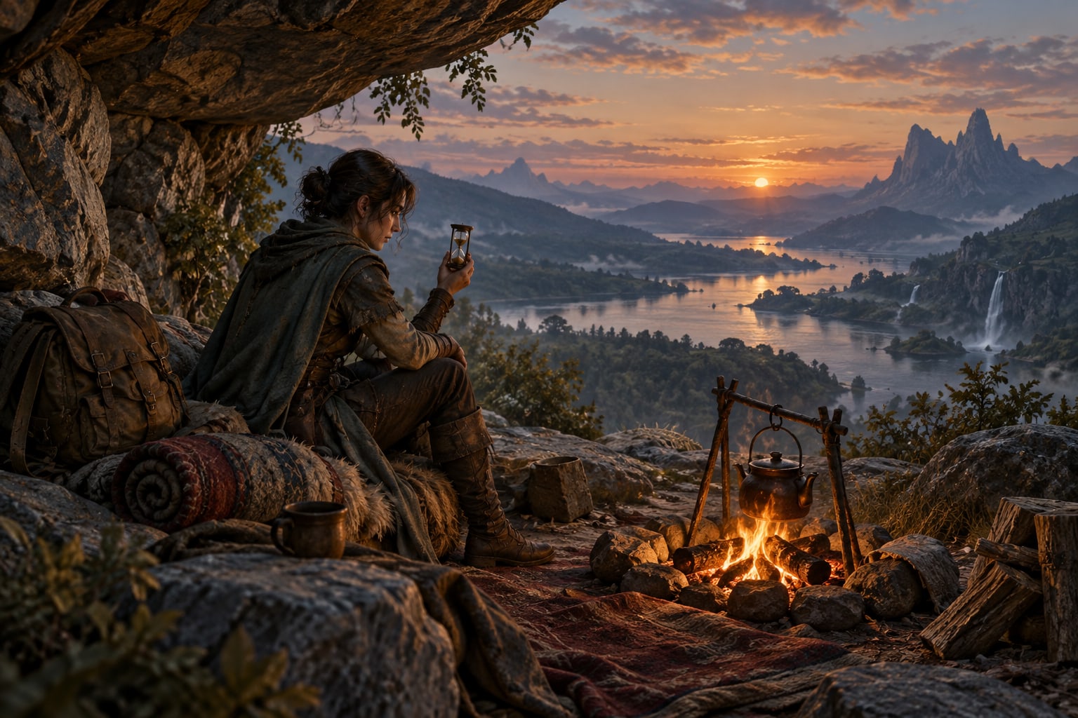 A traveler checks a small hourglass beside a sheltered campfire, kettle, and bedrolls at twilight.
