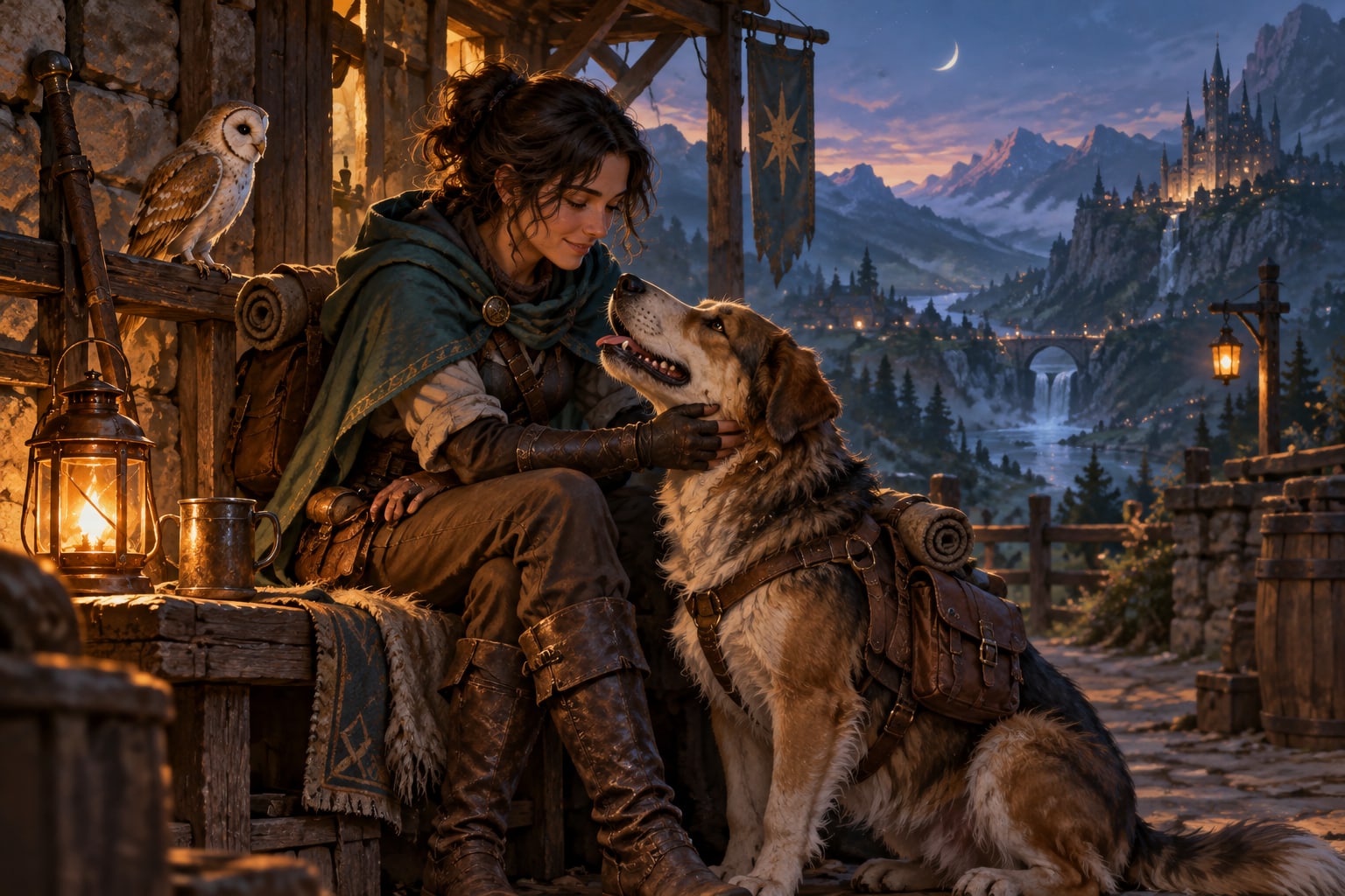 An adventurer greets a hound at a sheltered waystation while an owl perches nearby in the lantern light.