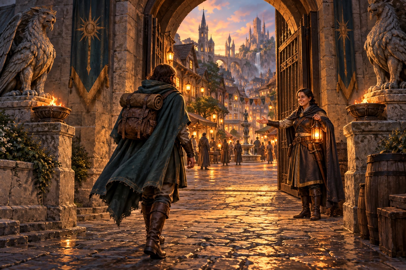 A lantern-bearing guide welcomes a cloaked traveler through a stone city gate at sunset.