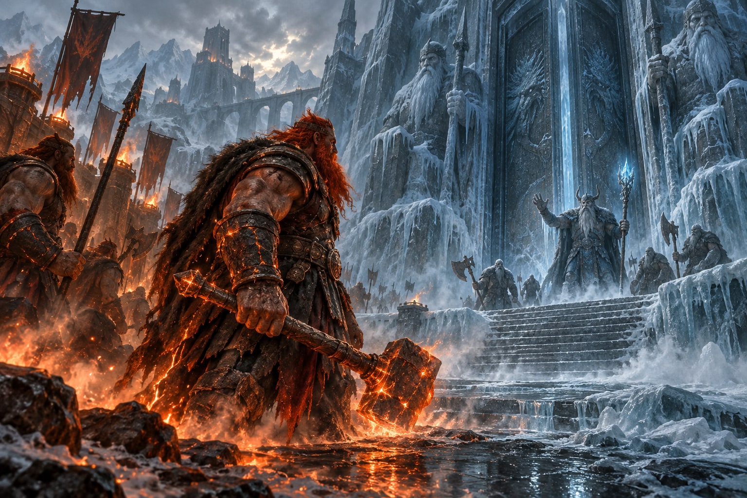 Fire giants advance through melting ice toward a frost-giant gatehouse.