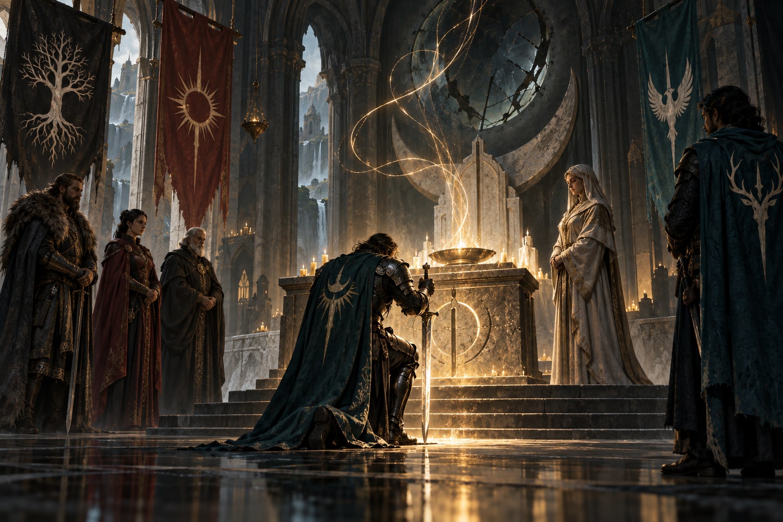 A knight pledges an oath before a glowing temple altar beneath clan banners.