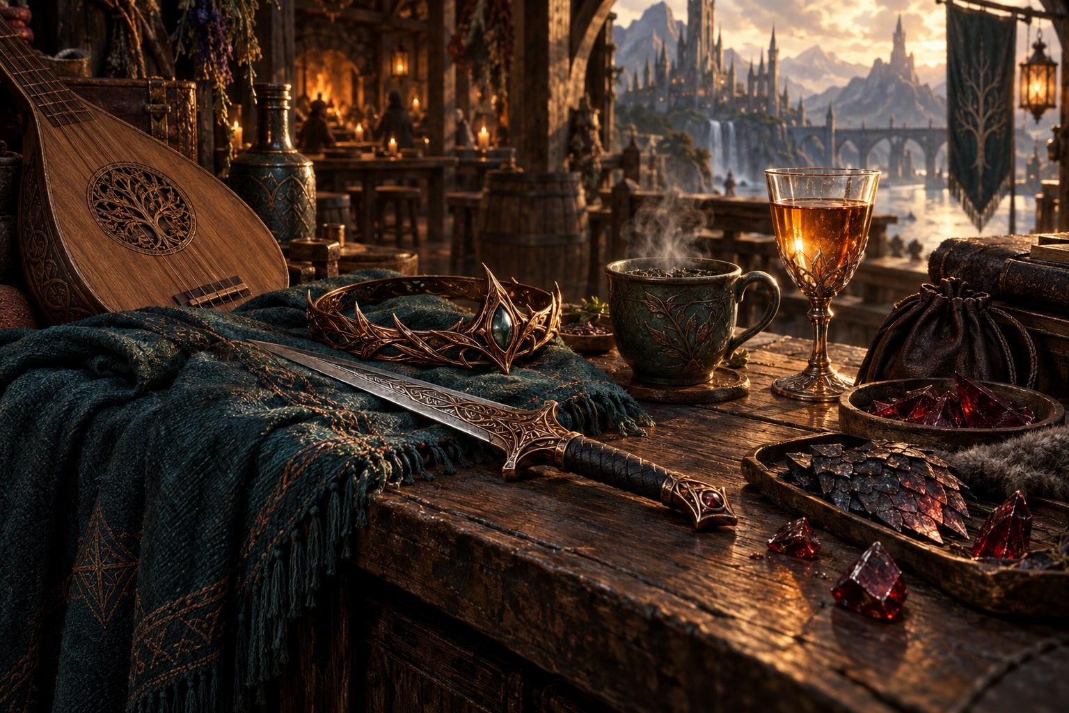 A ritual dagger, circlet, shawl, lute and dragon materials sit beside tea and nectar on a tavern counter.