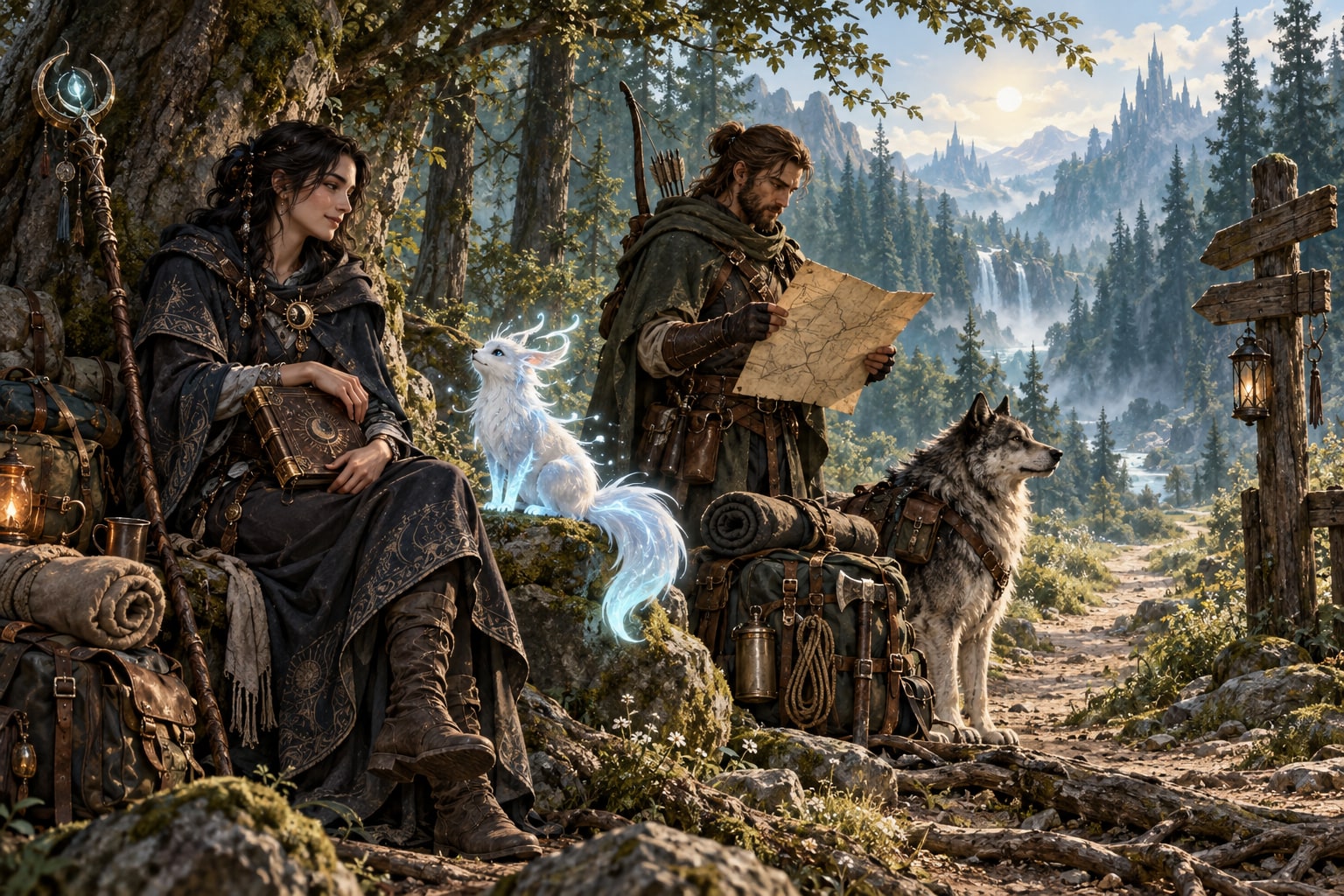 A traveling party prepares its gear and magic at a forest trailhead.
