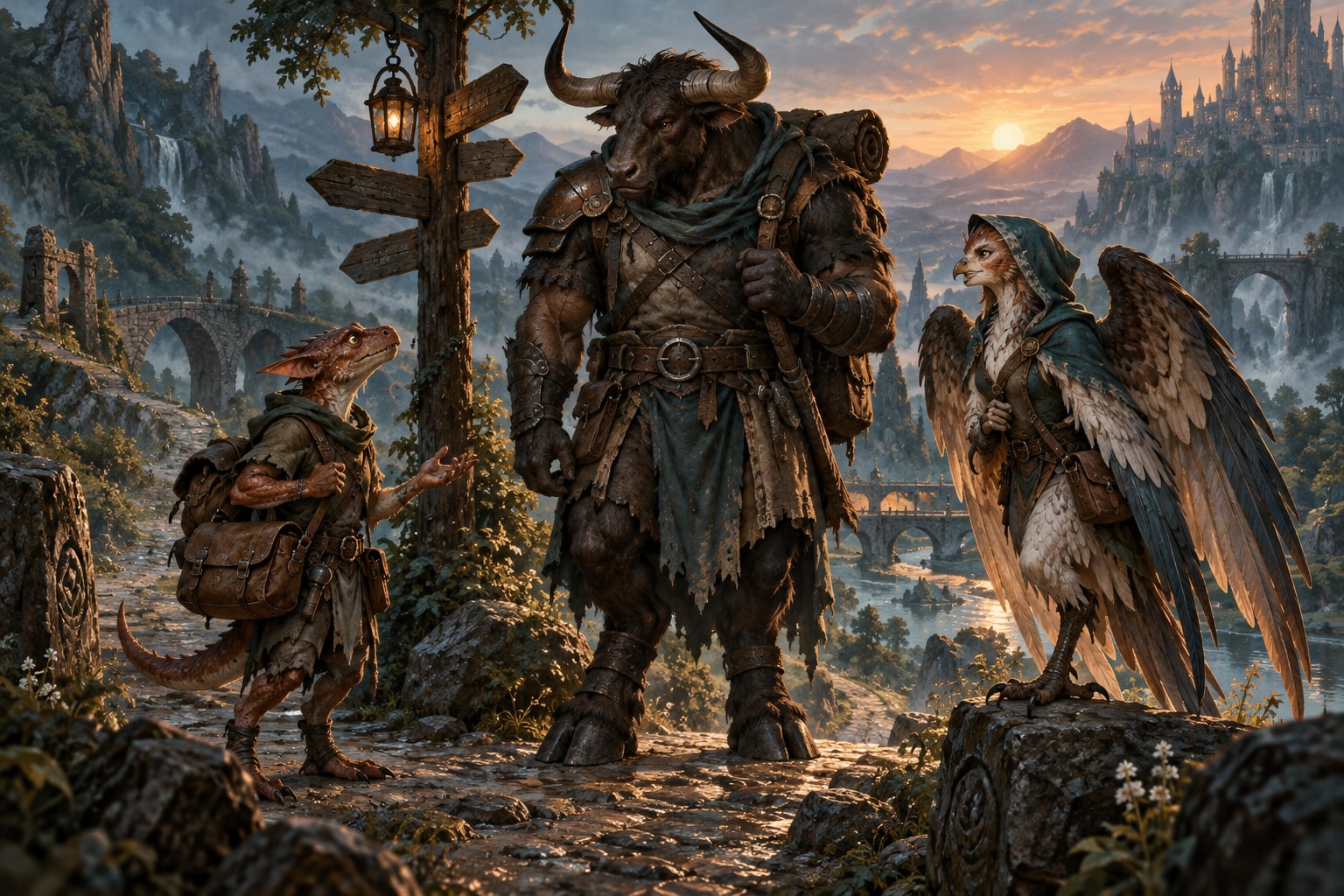 A kobold, a horned minotaur, and a feather-winged harpy meet on a misty fantasy road at dawn.