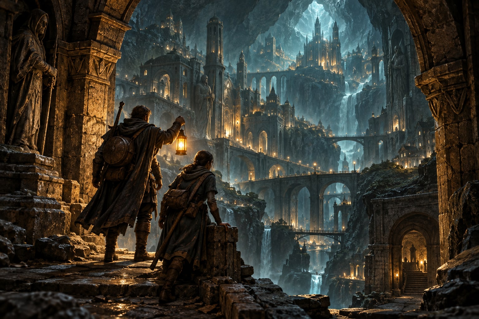Two lantern-carrying explorers discover a vast underground city of ancient arches and bridges.