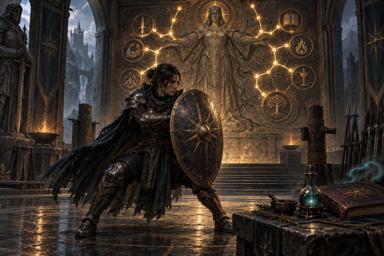 An adventurer braces a shield as branching lights awaken above a stone mastery relief.