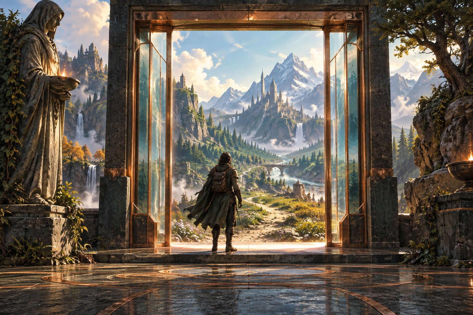 An adventurer steps through an open copper-framed portal toward a distant mountain citadel.