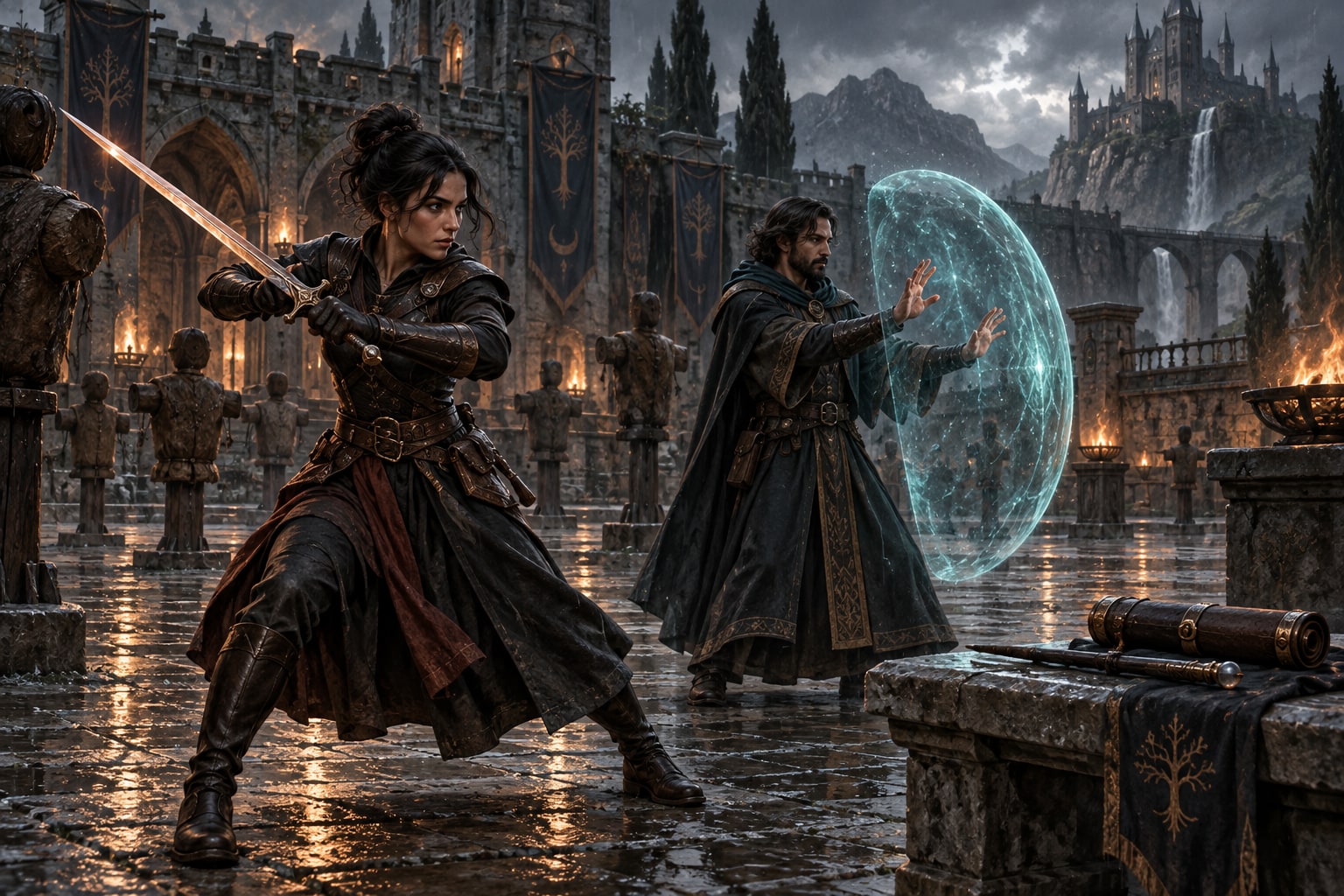 A swordswoman and mage practice with an intact blade and a translucent magical shield.