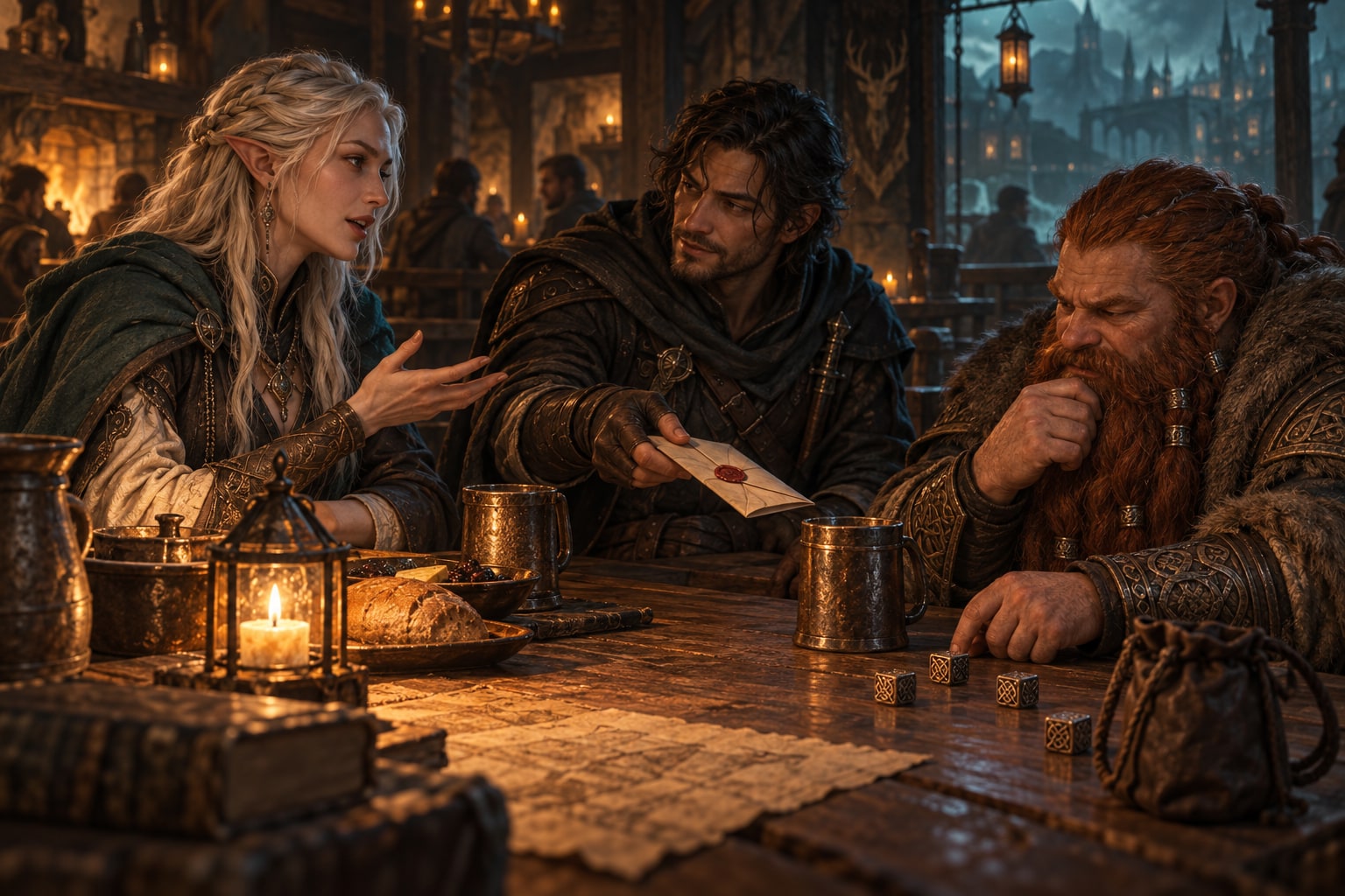 Adventurers exchange a sealed message and share a conversation over dice in a lanternlit tavern.