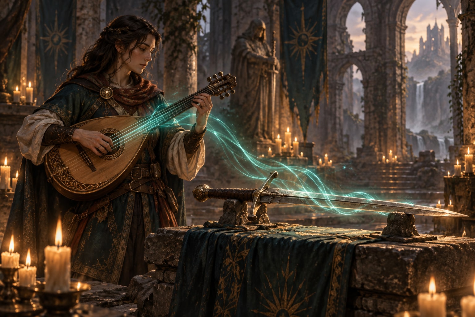 A bard plays a wooden lute beside an ancient sword as a ribbon of teal magic curls through a candlelit hall.