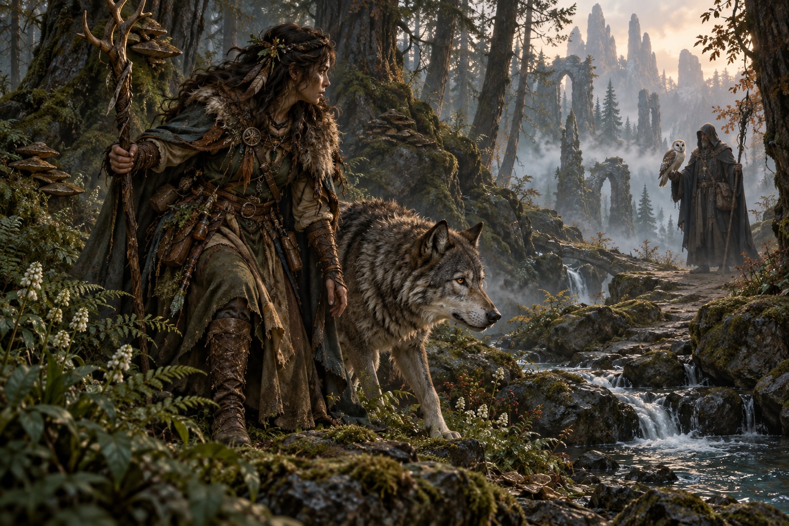 A druid and alert wolf watch a forest trail as a spellcaster with an owl waits beyond.
