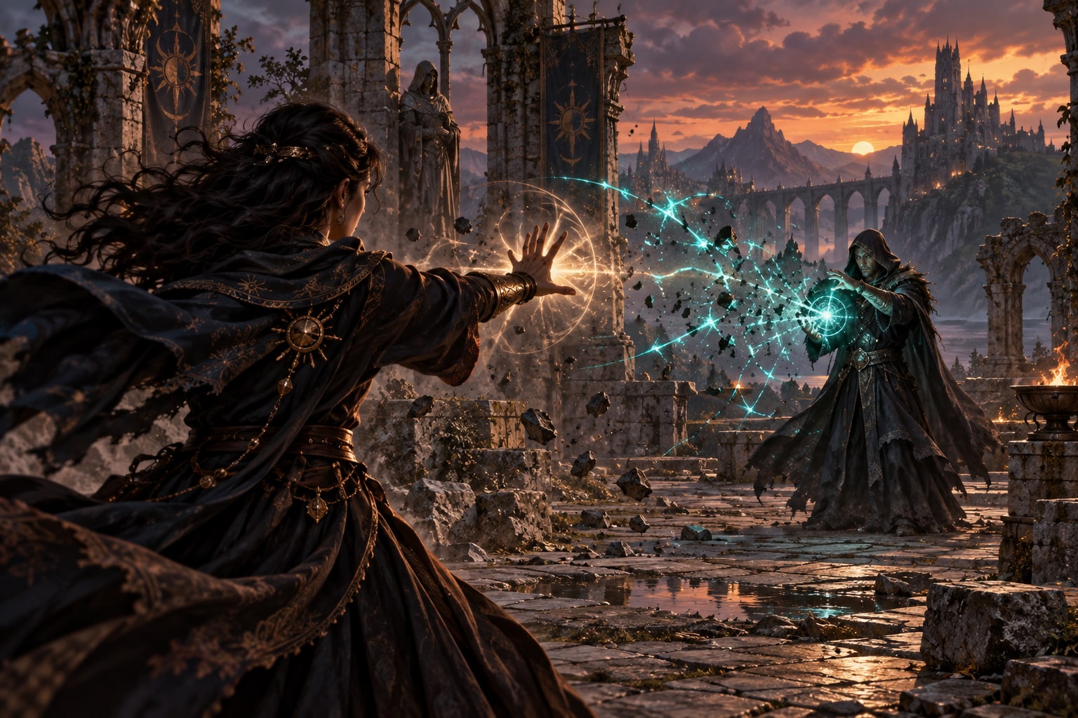 A spellcaster breaks an opponent’s forming teal spell into sparks in a ruined stone courtyard.