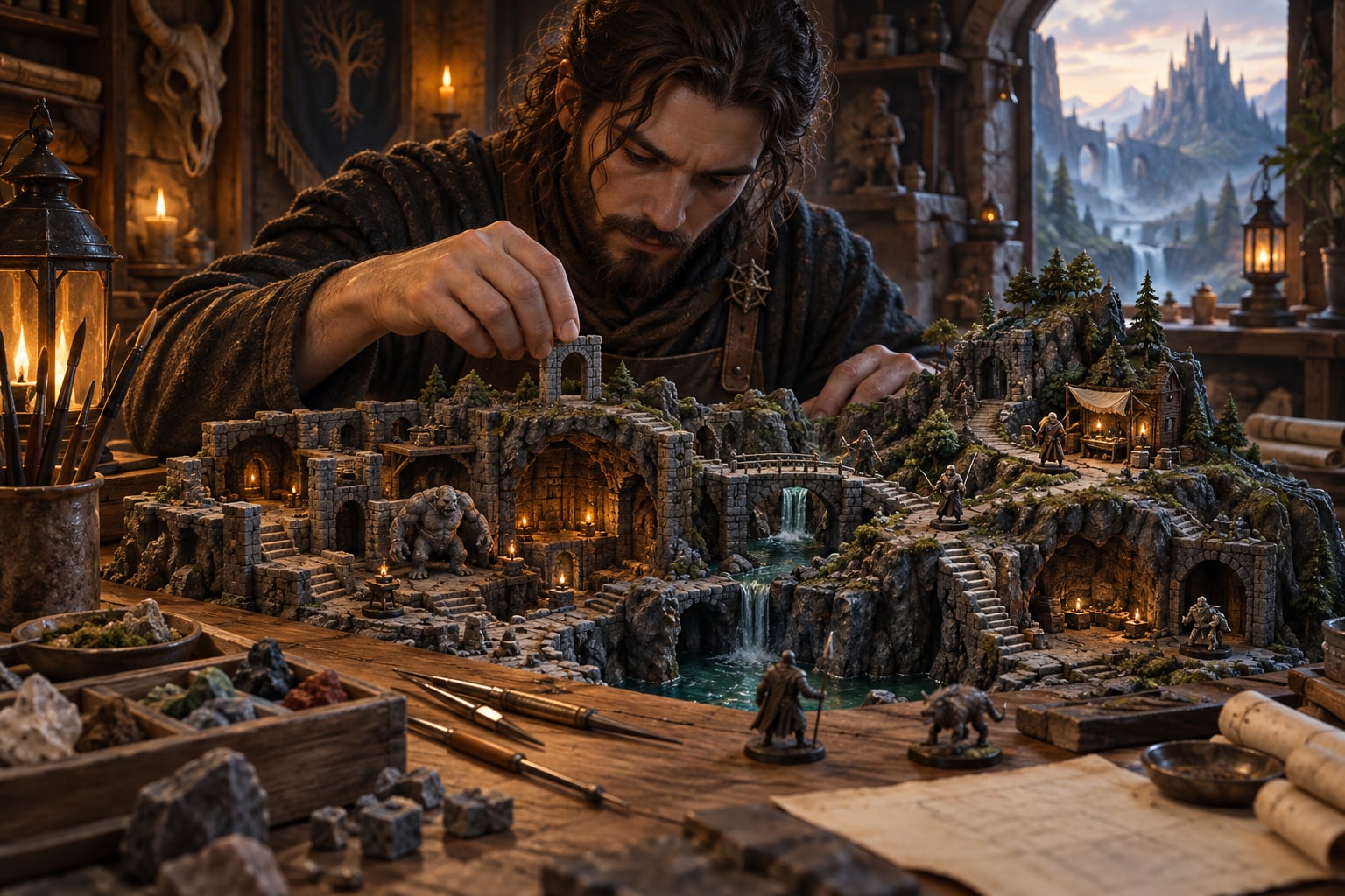 A world-builder places a miniature doorway into a detailed dungeon and landscape model.