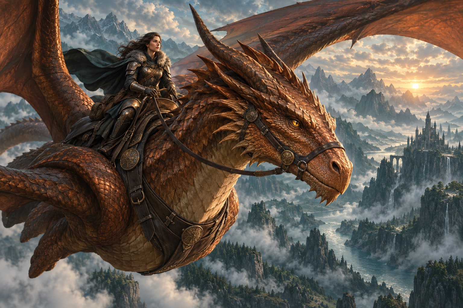 An armored rider and copper dragon soar together above a misty mountain valley.