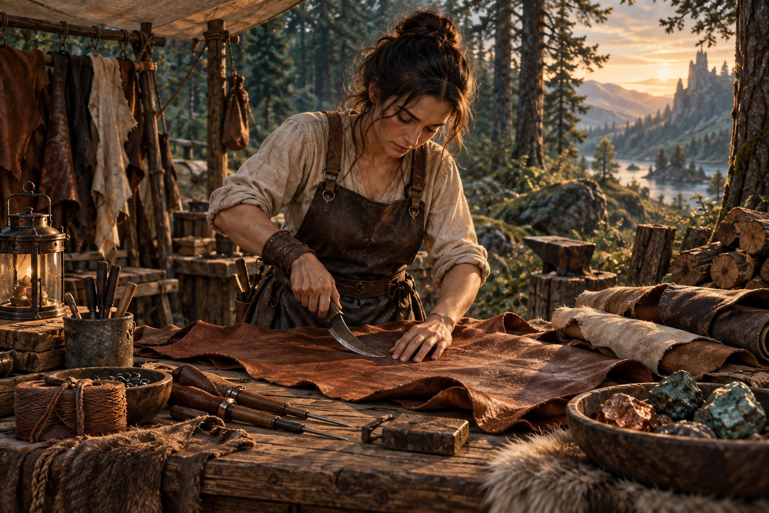 A leatherworker shapes a hide at an outdoor bench with a curved knife, sewing tools, timber, and ore.